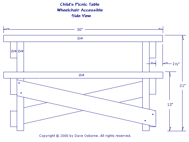 Diagram of child picnic table side view with measurements.