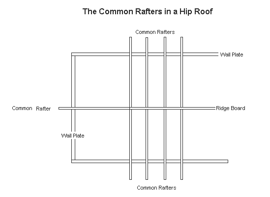 Diagram of common rafters on a hip roof showing rafter, wall plate and ridge board.